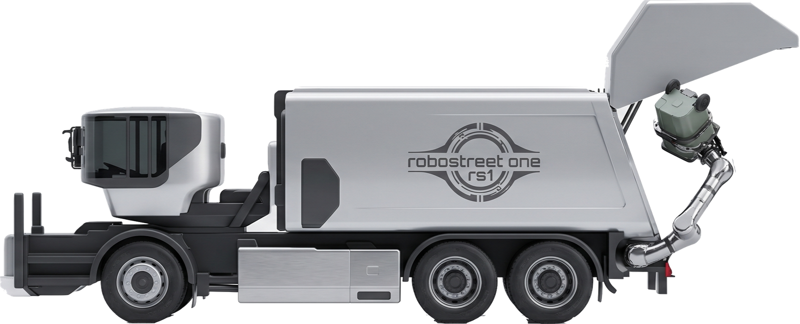 robostreet one rs1 — R1-based electric refuse truck with robotic collection arm lifting a bin