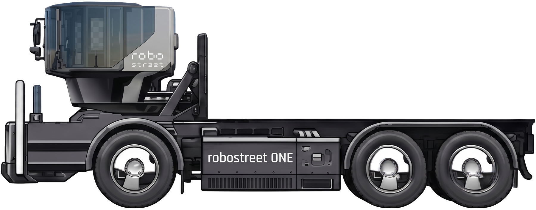 RoboStreet One R1 cab and chassis — side view with open upfit deck and hidden under-frame battery