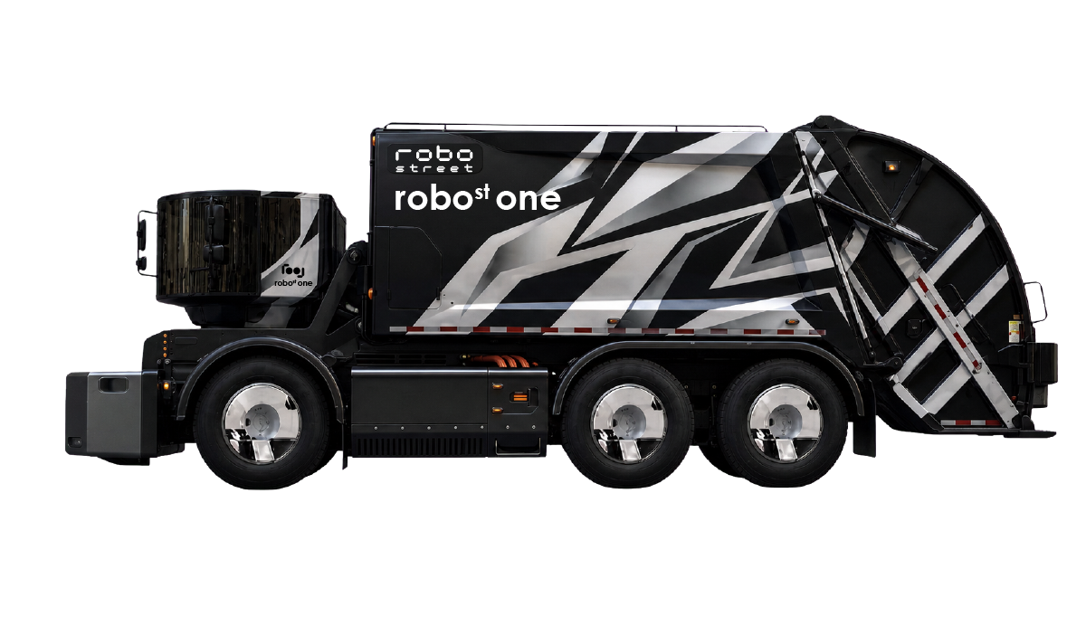 robostreet one — R1-based electric rear-loader refuse truck in black-and-white livery, side view